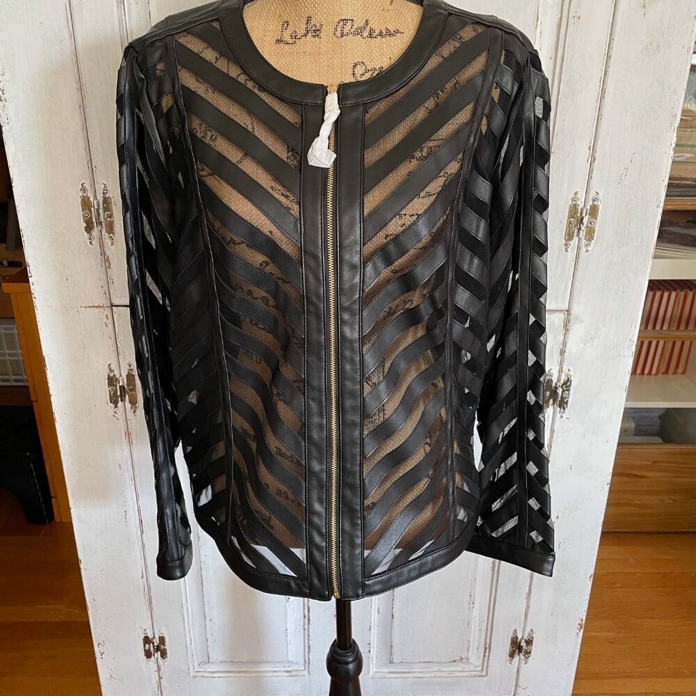 Colleen Lopez Black Faux Leather and Mesh Jacket Front Zip Size XL